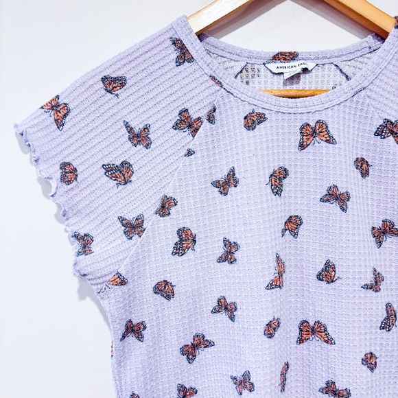 AMERICAN EAGLE Lilac waffle t-shirt with butterflies - Picture 2 of 6